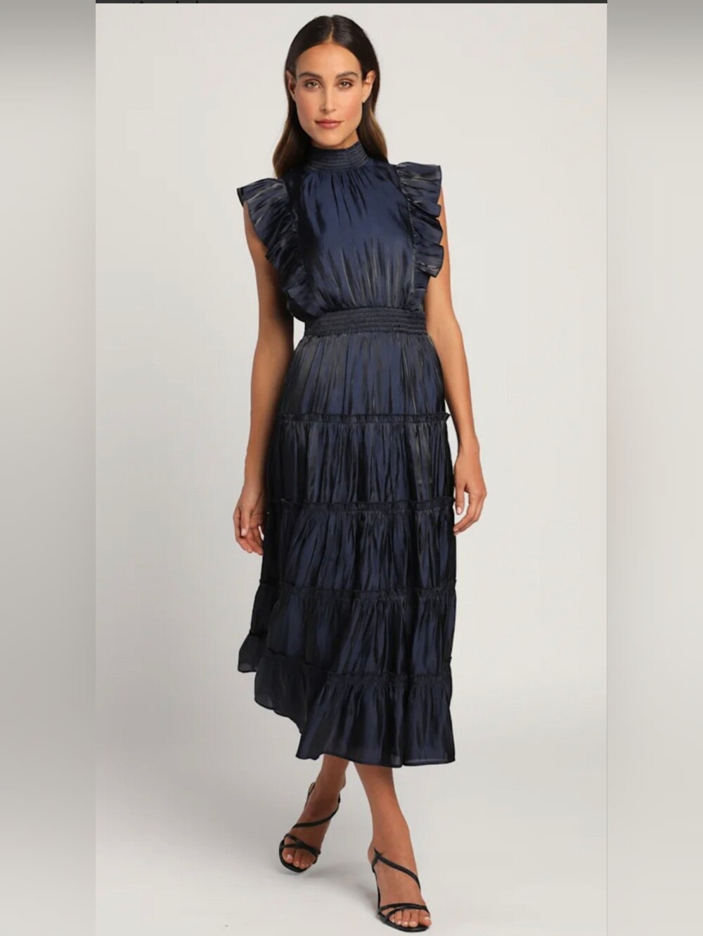 Lulus Take A Glance Navy Blue Tiered Mock Neck Maxi Midi Dress XL